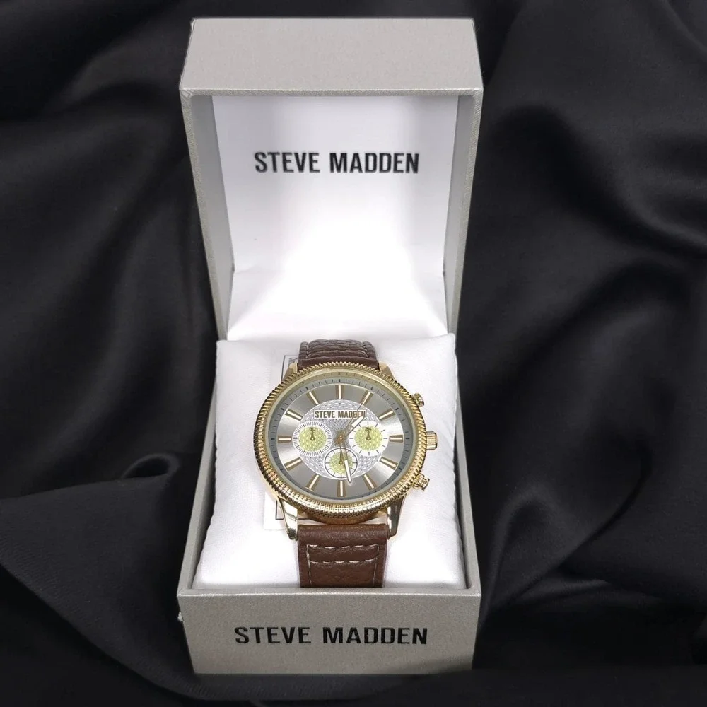 STEVE MADDEN New Men Watch Casual Brown Leather Gold ChRonograph SM-9192SVBN
